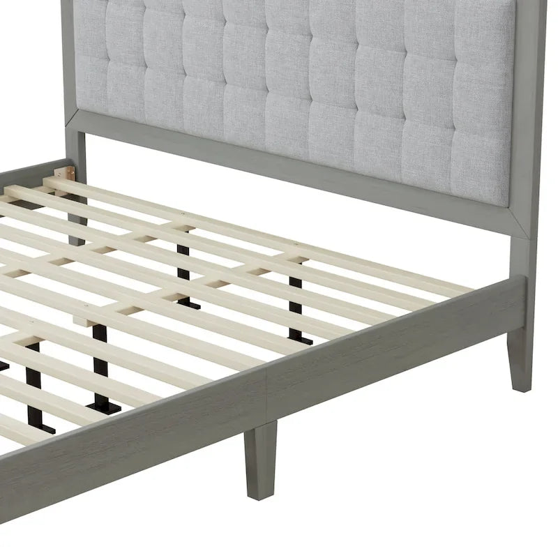 Lit king size avec tête de lit rembourrée et plateforme en bois massif