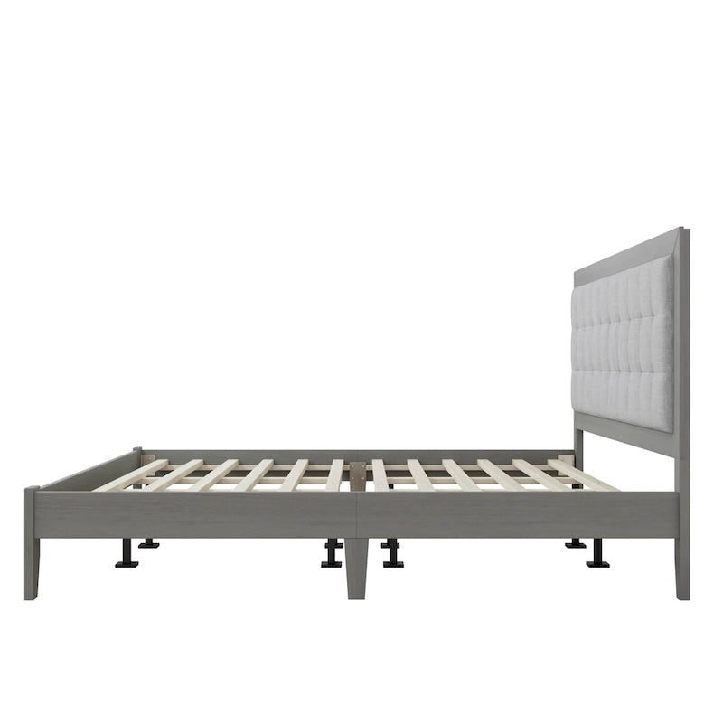 Lit king size avec tête de lit rembourrée et plateforme en bois massif