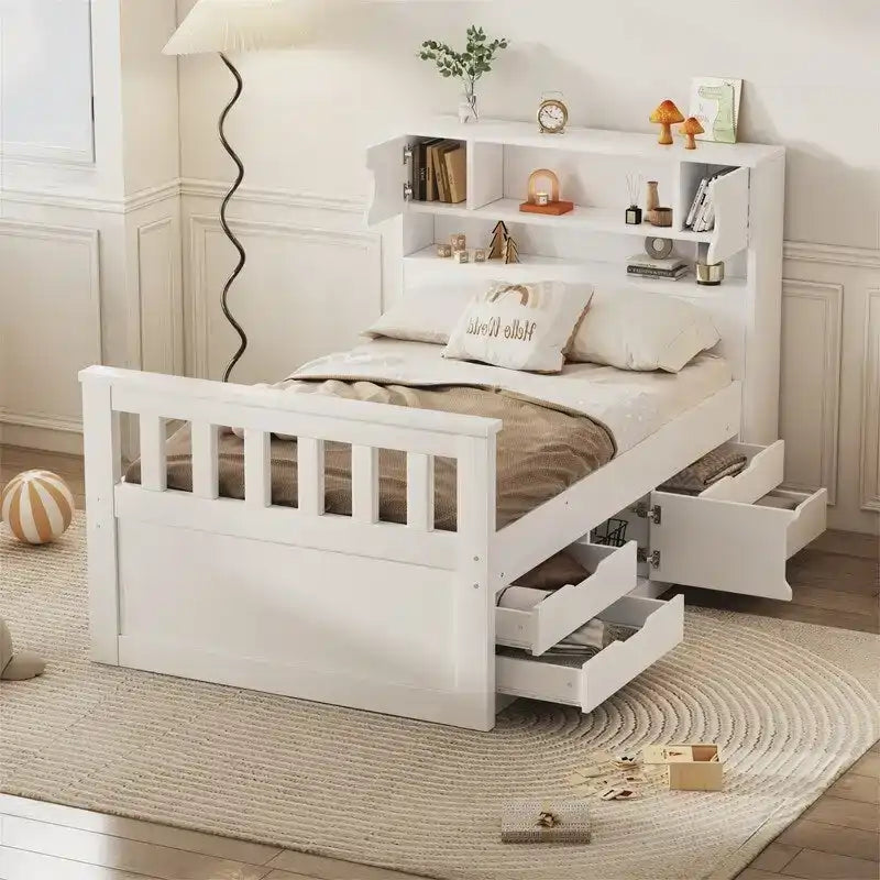 Twin/Full Size Captain Platform Bed with 4 Drawers and Storage Bookcase Headboard, Solid Wood Bed Frame with Storage Shelves