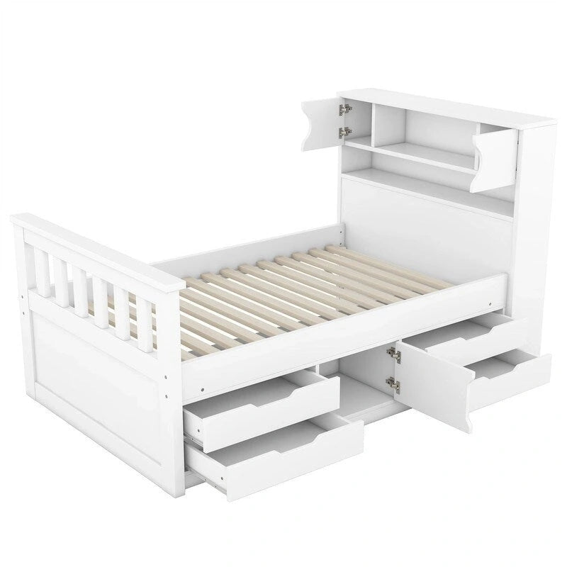 Lit plateforme capitaine pour lit simple/double avec tête de lit bibliothèque à 4 tiroirs et rangement intégré, cadre de lit en bois massif avec étagères de rangement
