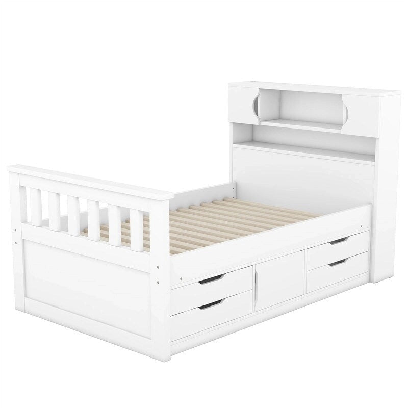 Lit plateforme capitaine pour lit simple/double avec tête de lit bibliothèque à 4 tiroirs et rangement intégré, cadre de lit en bois massif avec étagères de rangement