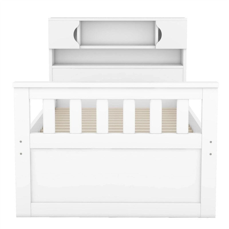 Lit plateforme capitaine pour lit simple/double avec tête de lit bibliothèque à 4 tiroirs et rangement intégré, cadre de lit en bois massif avec étagères de rangement