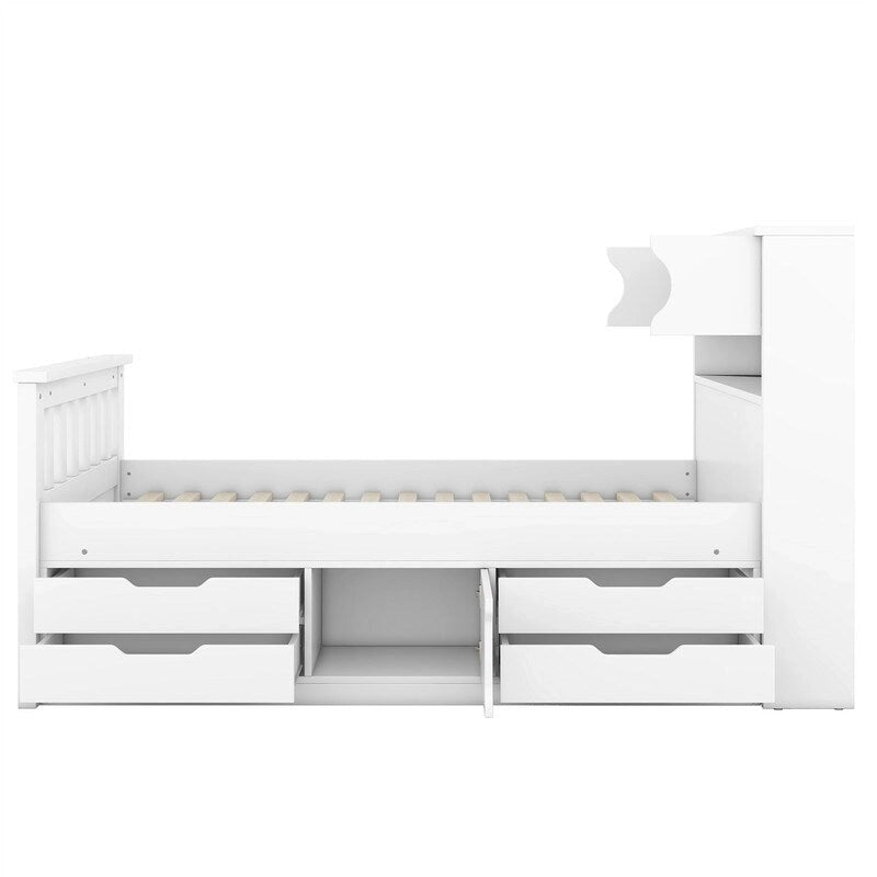 Lit plateforme capitaine pour lit simple/double avec tête de lit bibliothèque à 4 tiroirs et rangement intégré, cadre de lit en bois massif avec étagères de rangement