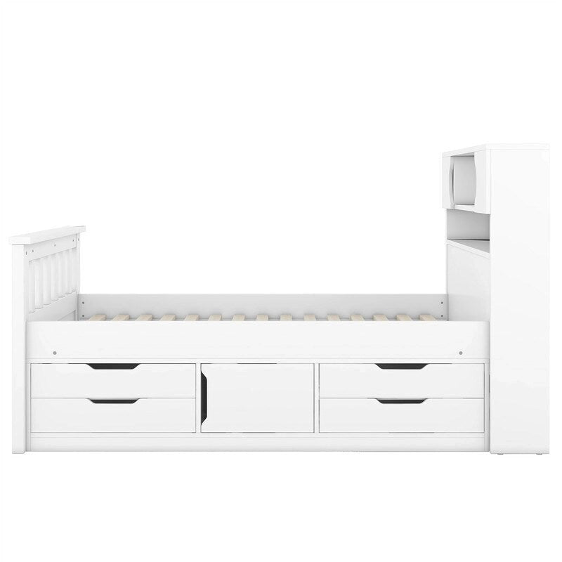 Lit plateforme capitaine pour lit simple/double avec tête de lit bibliothèque à 4 tiroirs et rangement intégré, cadre de lit en bois massif avec étagères de rangement