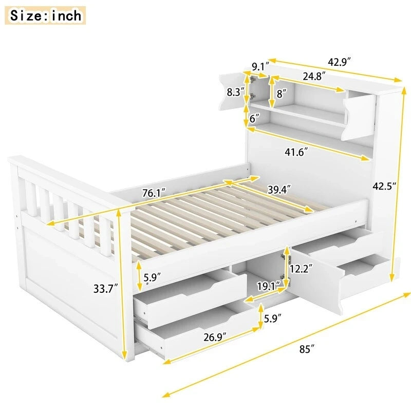 Lit plateforme capitaine pour lit simple/double avec tête de lit bibliothèque à 4 tiroirs et rangement intégré, cadre de lit en bois massif avec étagères de rangement