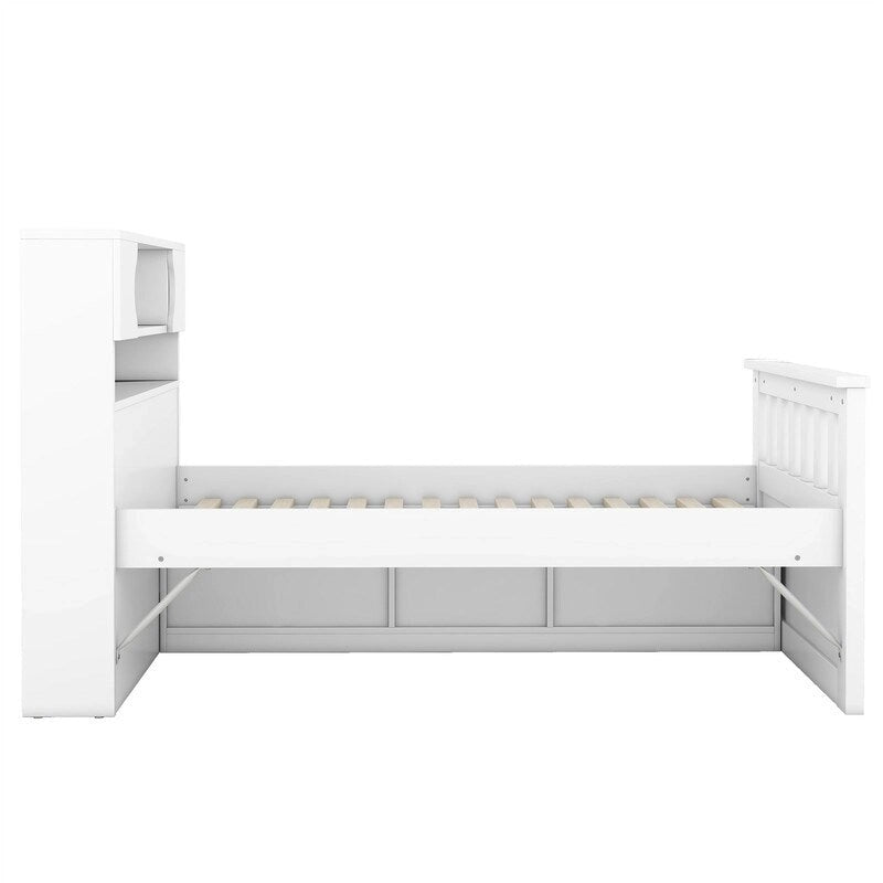 Lit plateforme capitaine pour lit simple/double avec tête de lit bibliothèque à 4 tiroirs et rangement intégré, cadre de lit en bois massif avec étagères de rangement