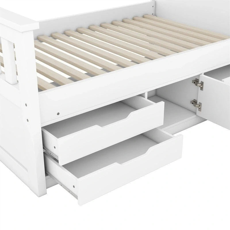 Lit plateforme capitaine pour lit simple/double avec tête de lit bibliothèque à 4 tiroirs et rangement intégré, cadre de lit en bois massif avec étagères de rangement