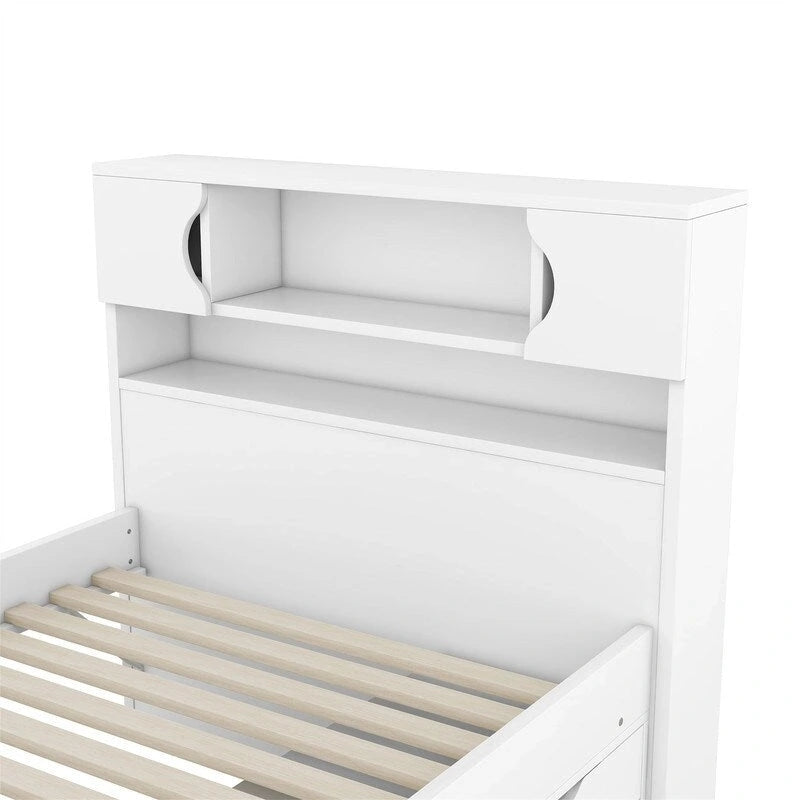 Lit plateforme capitaine pour lit simple/double avec tête de lit bibliothèque à 4 tiroirs et rangement intégré, cadre de lit en bois massif avec étagères de rangement