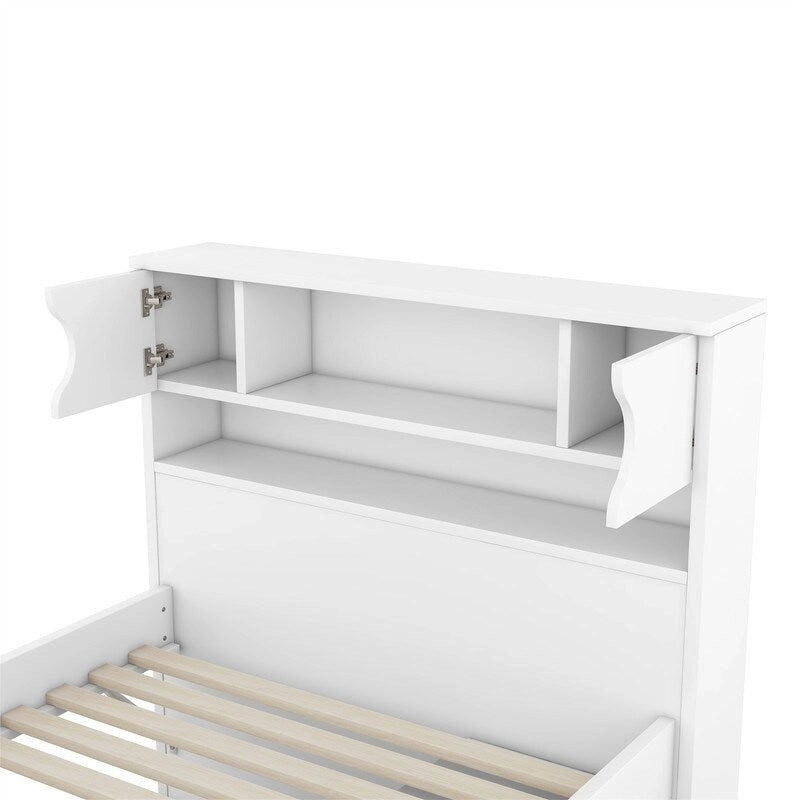 Lit plateforme capitaine pour lit simple/double avec tête de lit bibliothèque à 4 tiroirs et rangement intégré, cadre de lit en bois massif avec étagères de rangement