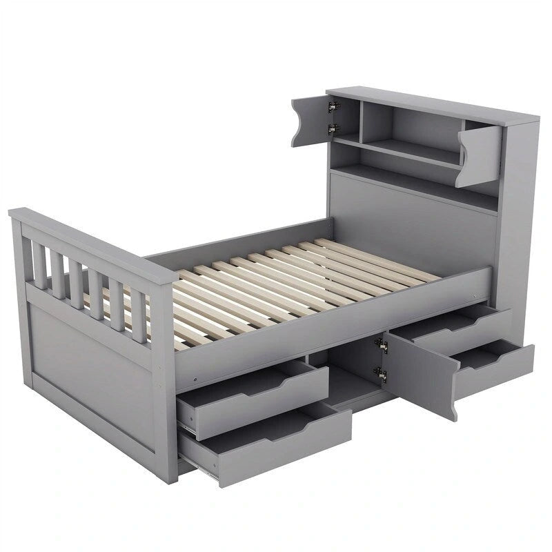 Lit plateforme capitaine pour lit simple/double avec tête de lit bibliothèque à 4 tiroirs et rangement intégré, cadre de lit en bois massif avec étagères de rangement