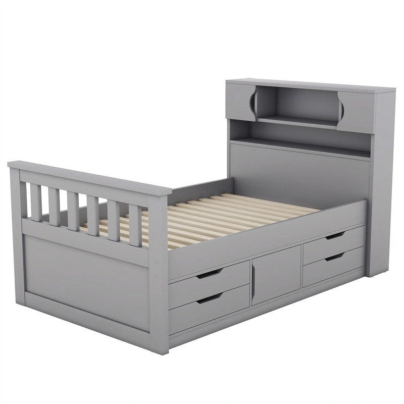 Lit plateforme capitaine pour lit simple/double avec tête de lit bibliothèque à 4 tiroirs et rangement intégré, cadre de lit en bois massif avec étagères de rangement