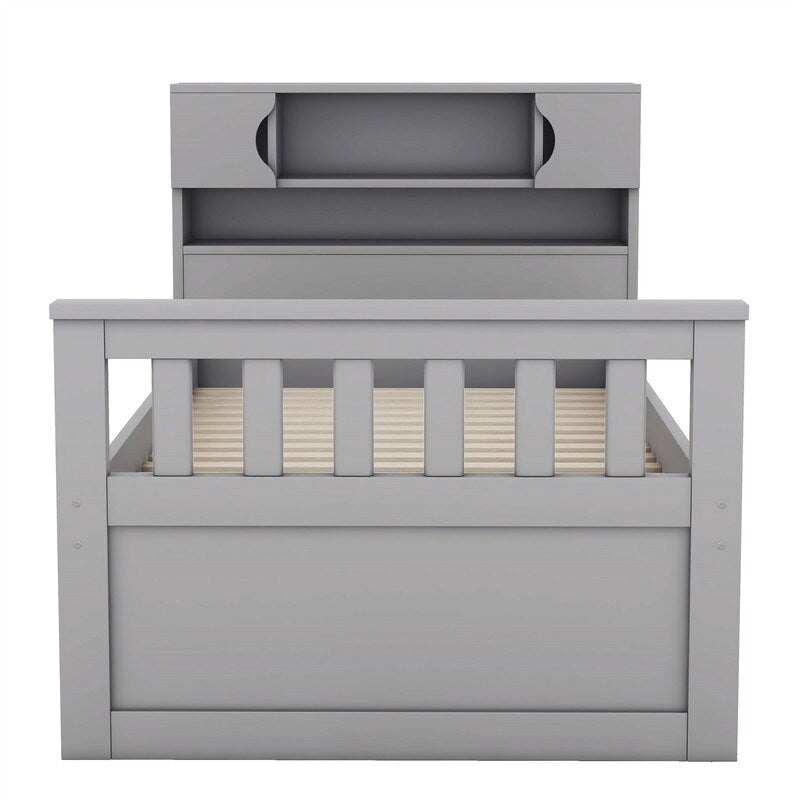 Lit plateforme capitaine pour lit simple/double avec tête de lit bibliothèque à 4 tiroirs et rangement intégré, cadre de lit en bois massif avec étagères de rangement