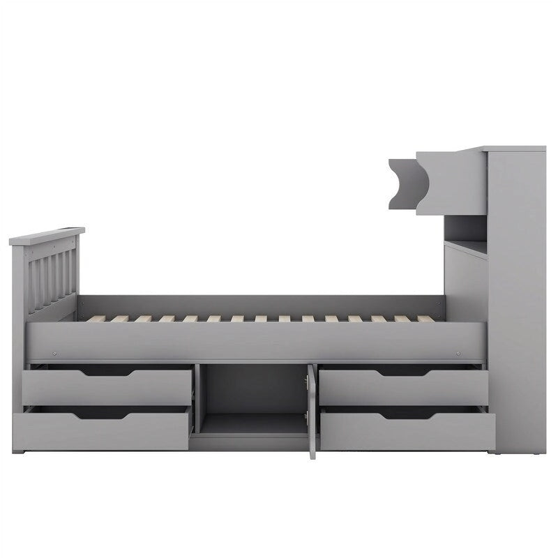 Lit plateforme capitaine pour lit simple/double avec tête de lit bibliothèque à 4 tiroirs et rangement intégré, cadre de lit en bois massif avec étagères de rangement