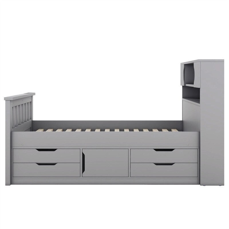 Lit plateforme capitaine pour lit simple/double avec tête de lit bibliothèque à 4 tiroirs et rangement intégré, cadre de lit en bois massif avec étagères de rangement