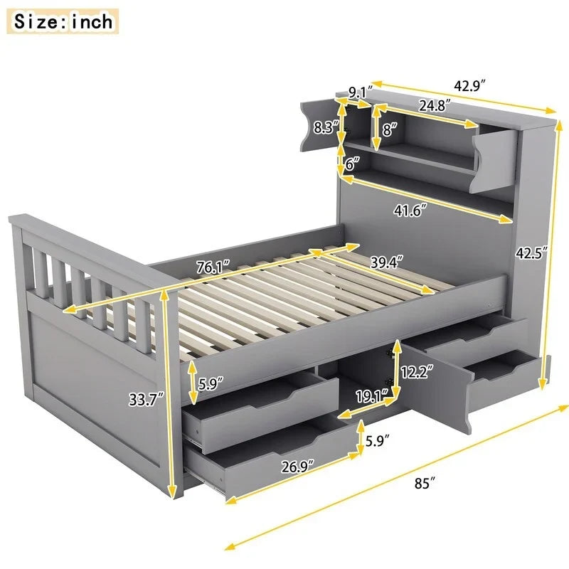 Lit plateforme capitaine pour lit simple/double avec tête de lit bibliothèque à 4 tiroirs et rangement intégré, cadre de lit en bois massif avec étagères de rangement