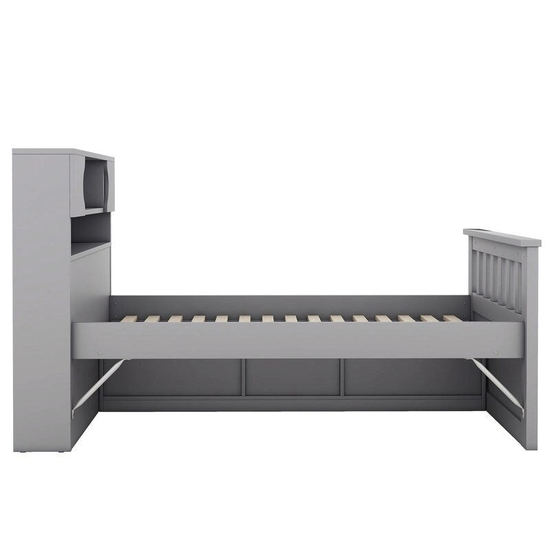 Lit plateforme capitaine pour lit simple/double avec tête de lit bibliothèque à 4 tiroirs et rangement intégré, cadre de lit en bois massif avec étagères de rangement