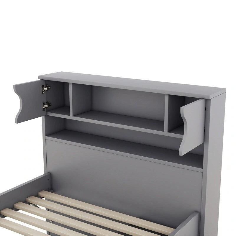 Lit plateforme capitaine pour lit simple/double avec tête de lit bibliothèque à 4 tiroirs et rangement intégré, cadre de lit en bois massif avec étagères de rangement