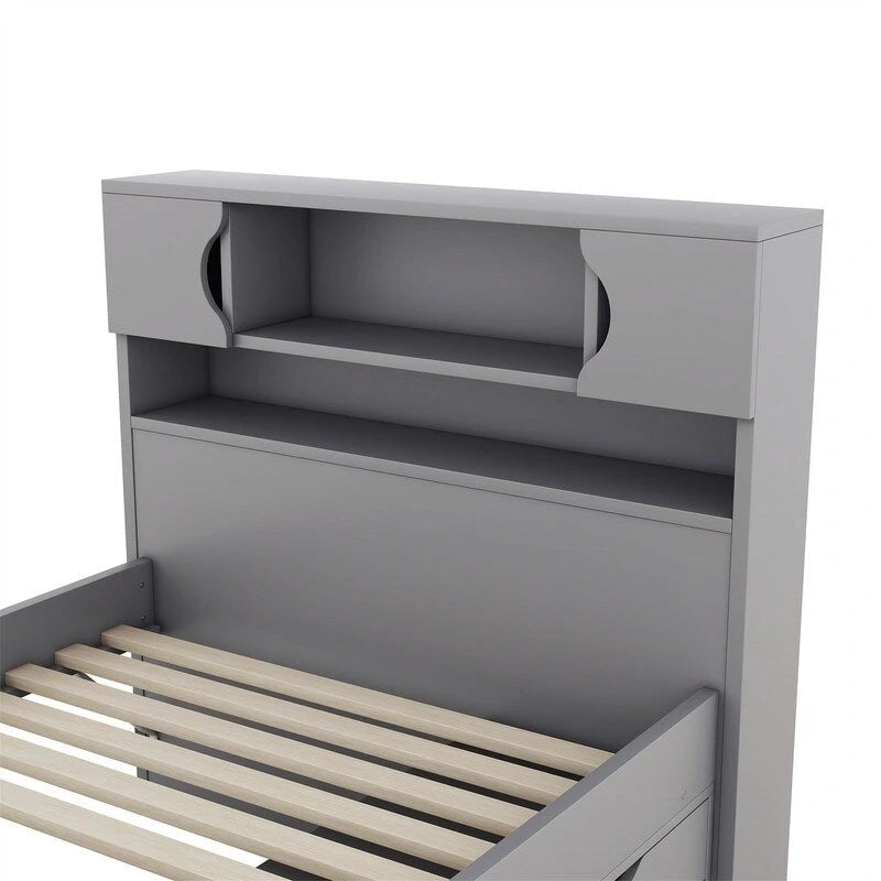 Lit plateforme capitaine pour lit simple/double avec tête de lit bibliothèque à 4 tiroirs et rangement intégré, cadre de lit en bois massif avec étagères de rangement