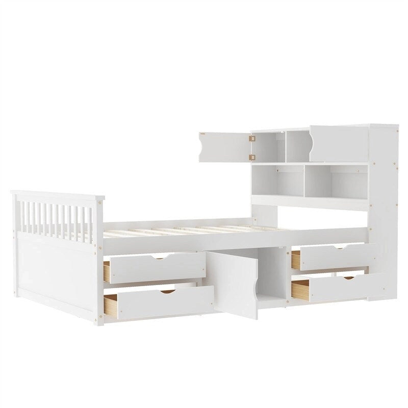 Lit plateforme capitaine pour lit simple/double avec tête de lit bibliothèque à 4 tiroirs et rangement intégré, cadre de lit en bois massif avec étagères de rangement