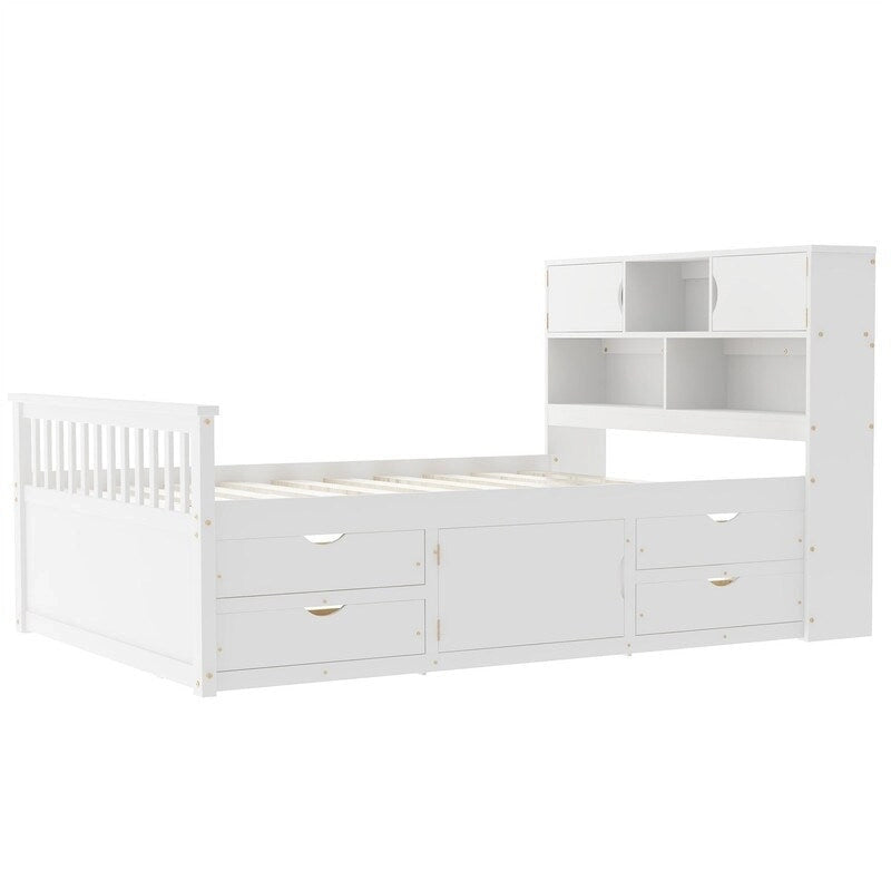 Lit plateforme capitaine pour lit simple/double avec tête de lit bibliothèque à 4 tiroirs et rangement intégré, cadre de lit en bois massif avec étagères de rangement