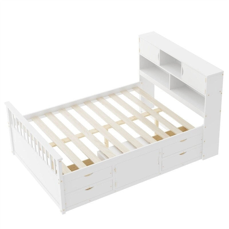 Lit plateforme capitaine pour lit simple/double avec tête de lit bibliothèque à 4 tiroirs et rangement intégré, cadre de lit en bois massif avec étagères de rangement