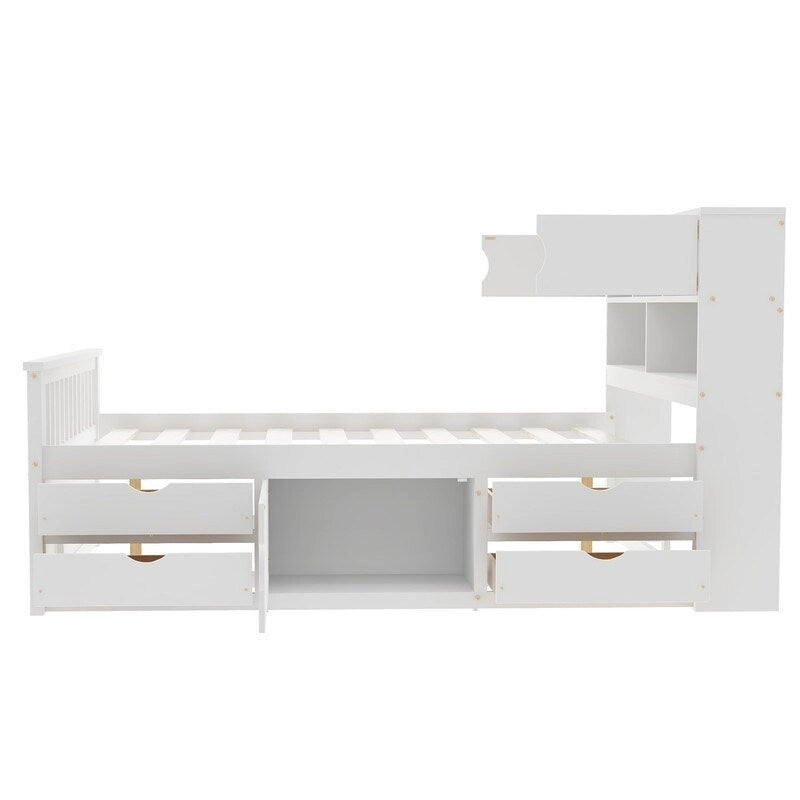 Lit plateforme capitaine pour lit simple/double avec tête de lit bibliothèque à 4 tiroirs et rangement intégré, cadre de lit en bois massif avec étagères de rangement