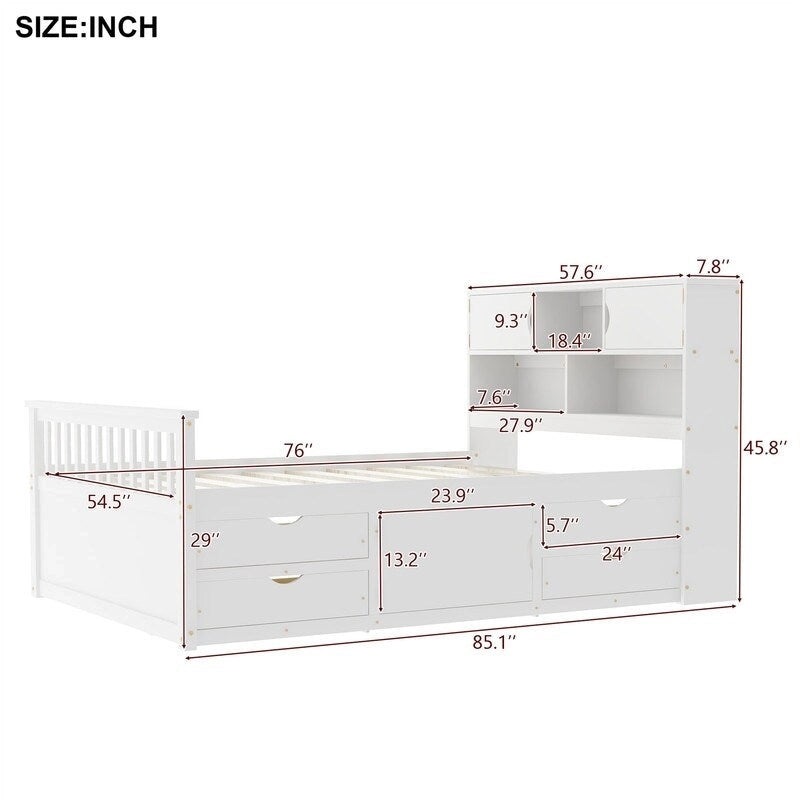Lit plateforme capitaine pour lit simple/double avec tête de lit bibliothèque à 4 tiroirs et rangement intégré, cadre de lit en bois massif avec étagères de rangement