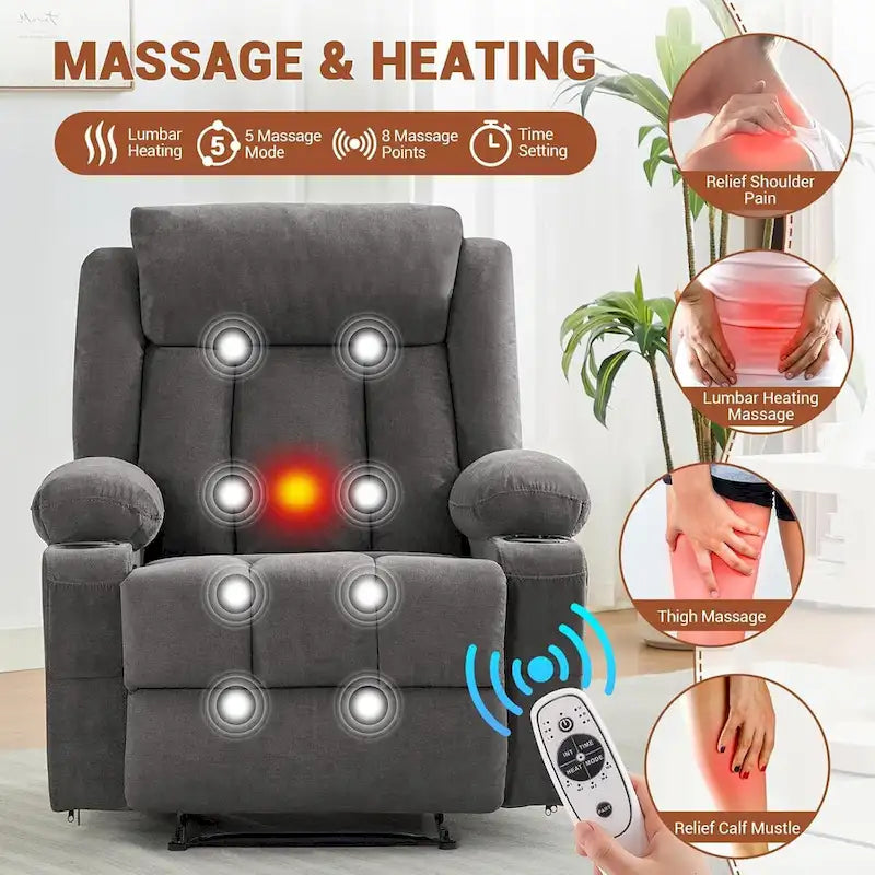 Fauteuil inclinable manuel surdimensionné avec massage par vibration et chauffage, canapé classique à assise profonde et rembourrée