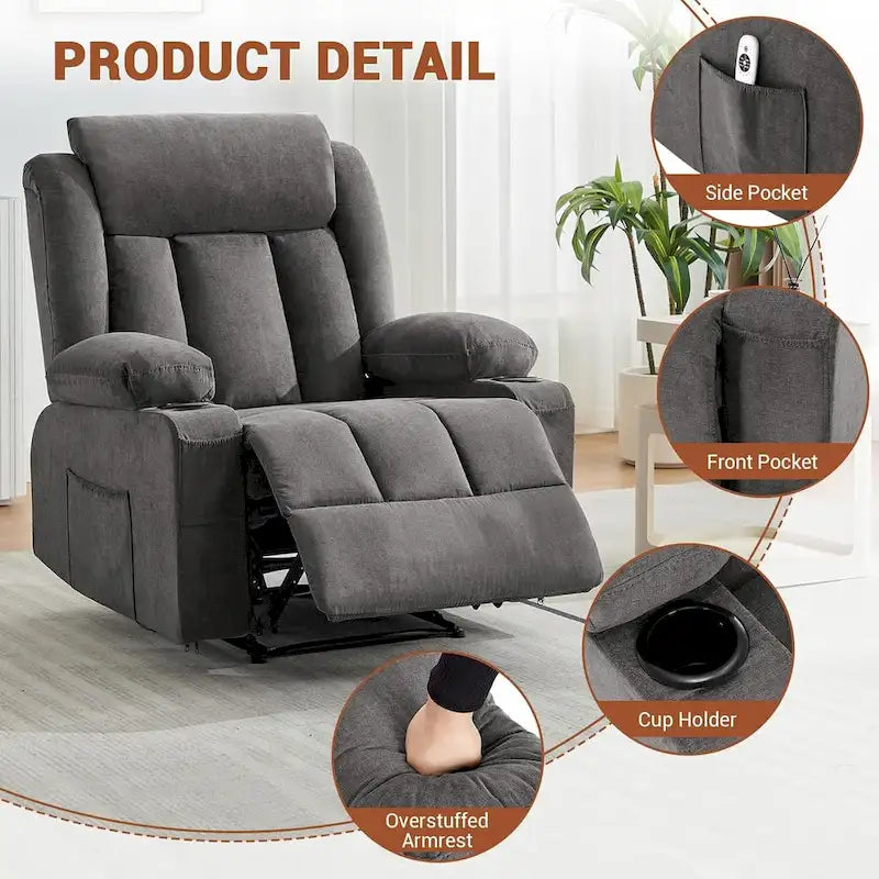Fauteuil inclinable manuel surdimensionné avec massage par vibration et chauffage, canapé classique à assise profonde et rembourrée