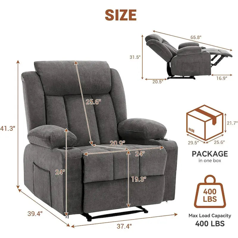 Fauteuil inclinable manuel surdimensionné avec massage par vibration et chauffage, canapé classique à assise profonde et rembourrée