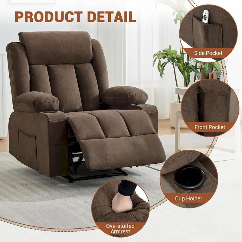 Fauteuil inclinable manuel surdimensionné avec massage par vibration et chauffage, canapé classique à assise profonde et rembourrée