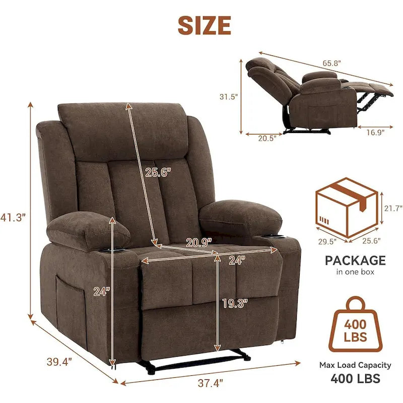 Fauteuil inclinable manuel surdimensionné avec massage par vibration et chauffage, canapé classique à assise profonde et rembourrée