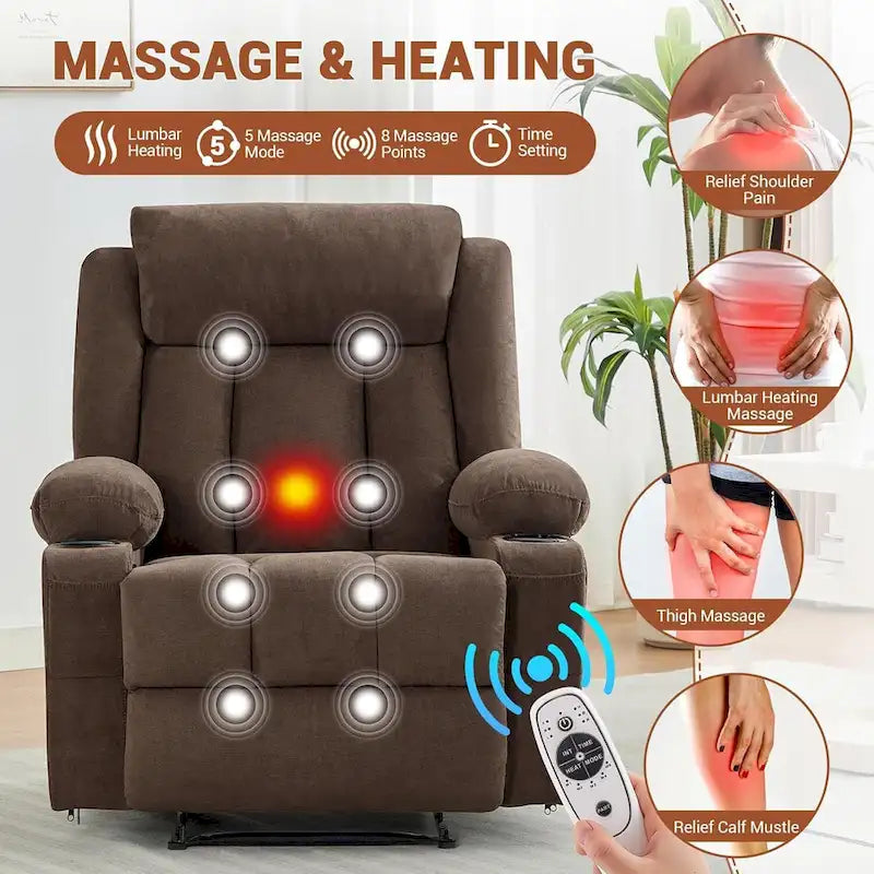 Fauteuil inclinable manuel surdimensionné avec massage par vibration et chauffage, canapé classique à assise profonde et rembourrée