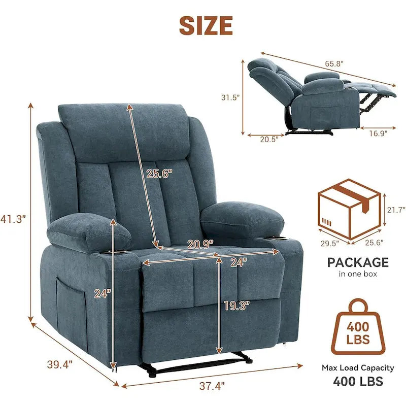 Fauteuil inclinable manuel surdimensionné avec massage par vibration et chauffage, canapé classique à assise profonde et rembourrée