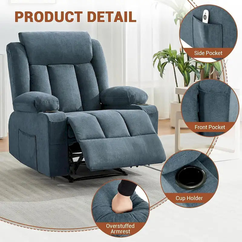 Fauteuil inclinable manuel surdimensionné avec massage par vibration et chauffage, canapé classique à assise profonde et rembourrée