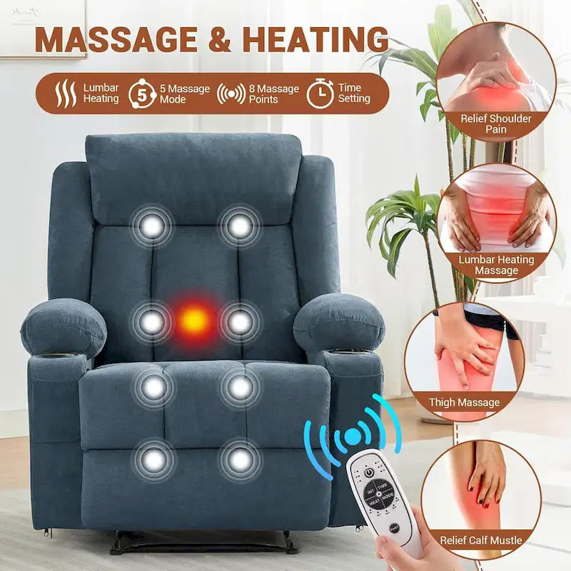 Fauteuil inclinable manuel surdimensionné avec massage par vibration et chauffage, canapé classique à assise profonde et rembourrée