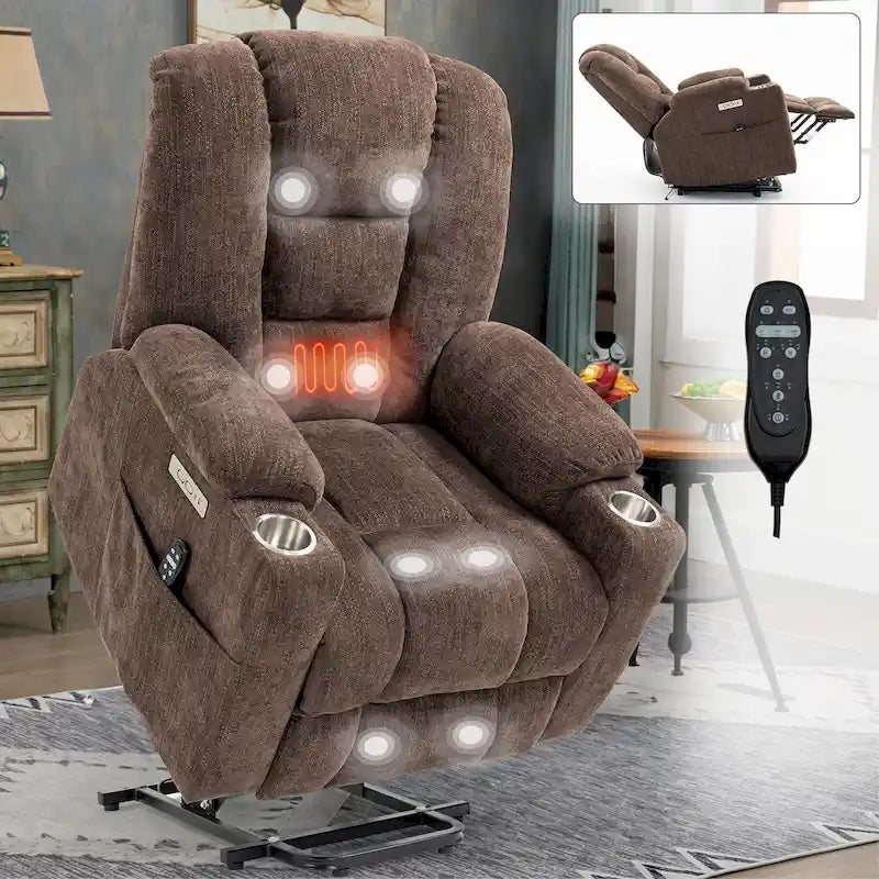 Fauteuil inclinable électrique avec massage et chauffage, fauteuil Lazy Boy extra-rembourré et large avec ports USB et Type C et 2 porte-gobelets en acier