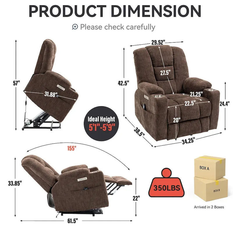 Fauteuil inclinable électrique avec massage et chauffage, fauteuil Lazy Boy extra-rembourré et large avec ports USB et Type C et 2 porte-gobelets en acier