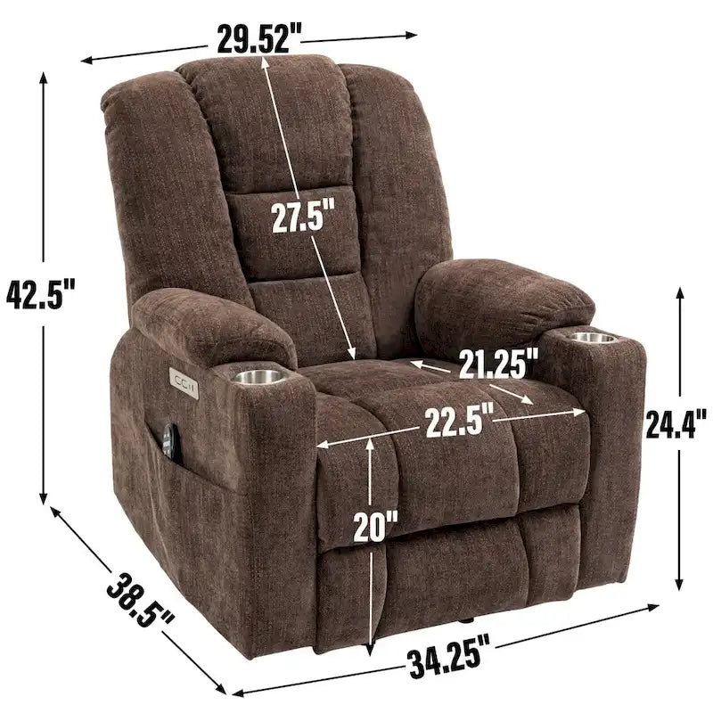 Fauteuil inclinable électrique avec massage et chauffage, fauteuil Lazy Boy extra-rembourré et large avec ports USB et Type C et 2 porte-gobelets en acier