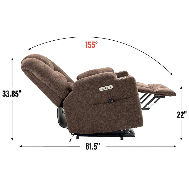 Fauteuil inclinable électrique avec massage et chauffage, fauteuil Lazy Boy extra-rembourré et large avec ports USB et Type C et 2 porte-gobelets en acier