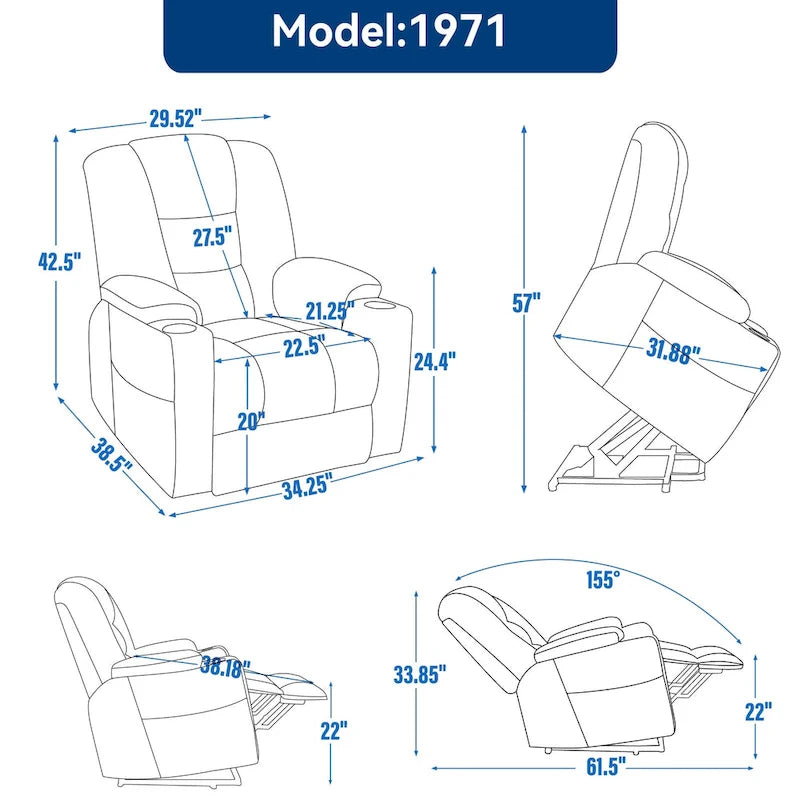 Fauteuil inclinable électrique avec massage et chauffage, fauteuil Lazy Boy extra-rembourré et large avec ports USB et Type C et 2 porte-gobelets en acier