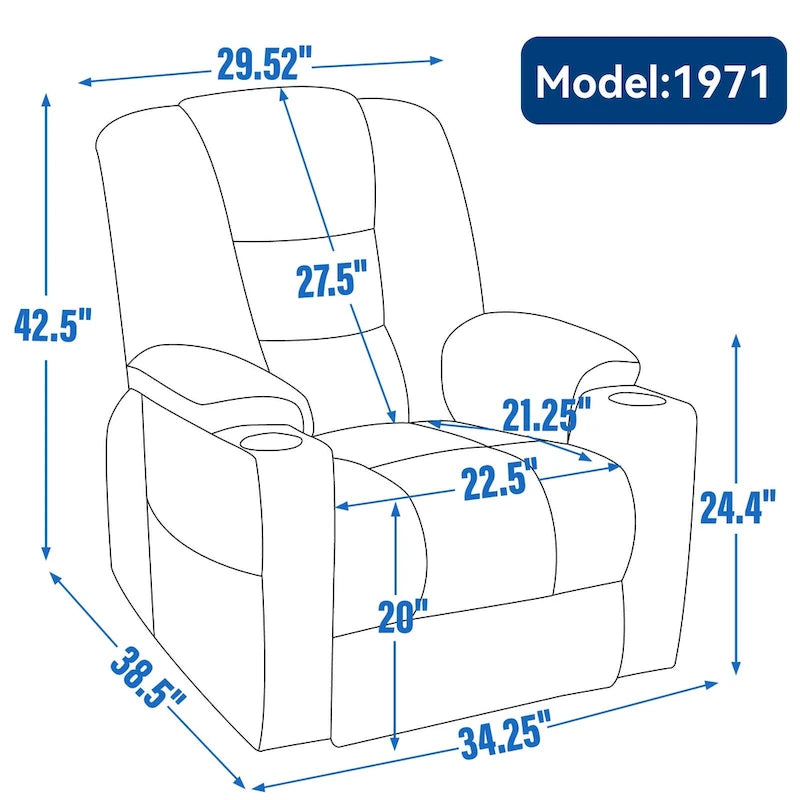 Fauteuil inclinable électrique avec massage et chauffage, fauteuil Lazy Boy extra-rembourré et large avec ports USB et Type C et 2 porte-gobelets en acier