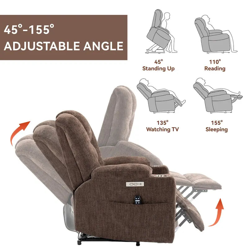 Fauteuil inclinable électrique avec massage et chauffage, fauteuil Lazy Boy extra-rembourré et large avec ports USB et Type C et 2 porte-gobelets en acier