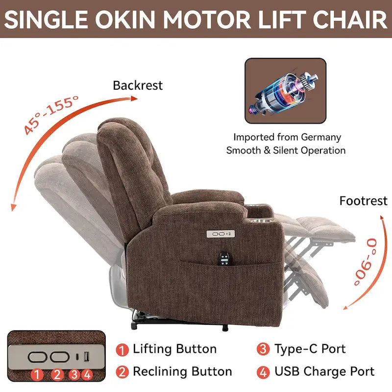 Fauteuil inclinable électrique avec massage et chauffage, fauteuil Lazy Boy extra-rembourré et large avec ports USB et Type C et 2 porte-gobelets en acier