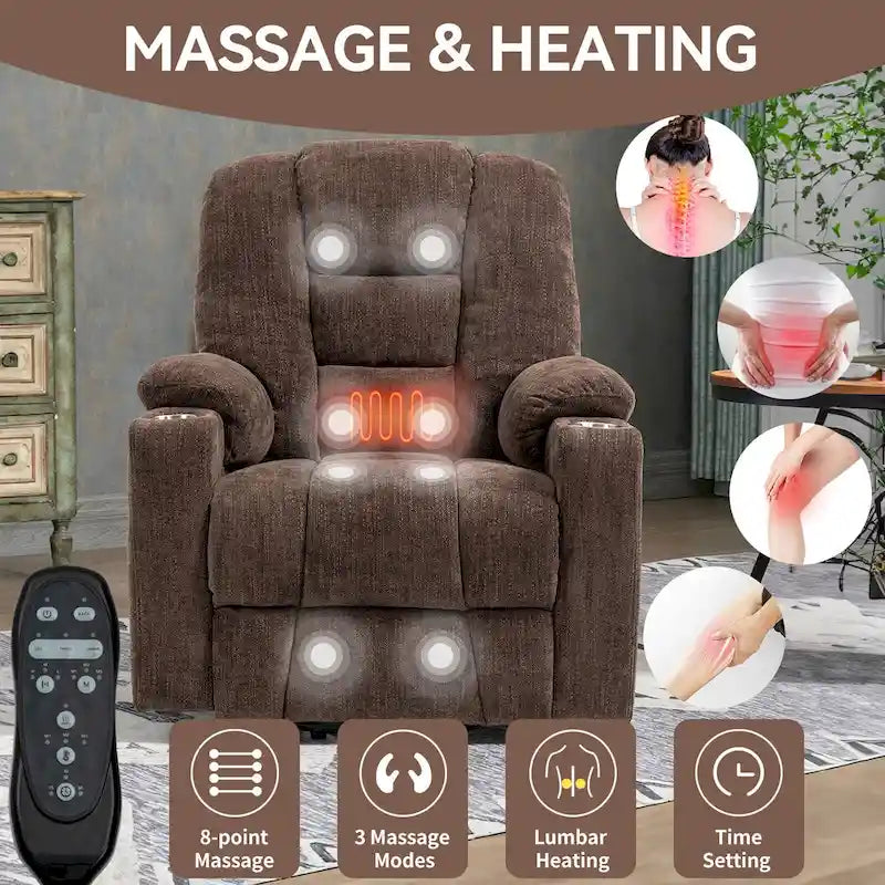 Fauteuil inclinable électrique avec massage et chauffage, fauteuil Lazy Boy extra-rembourré et large avec ports USB et Type C et 2 porte-gobelets en acier