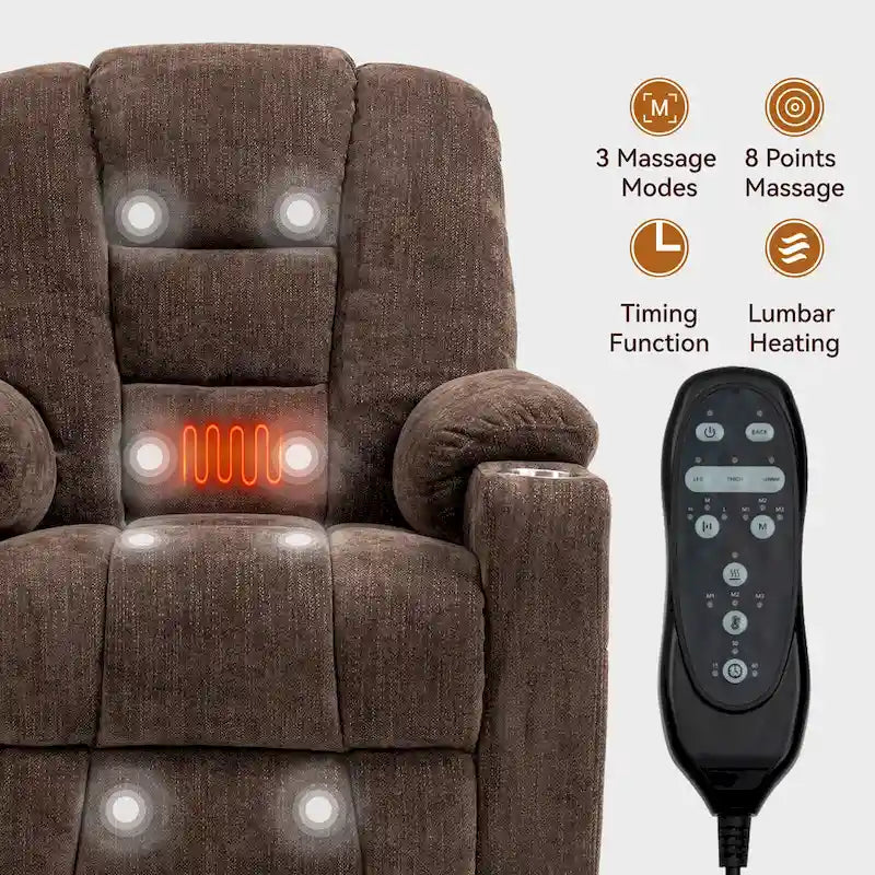 Fauteuil inclinable électrique avec massage et chauffage, fauteuil Lazy Boy extra-rembourré et large avec ports USB et Type C et 2 porte-gobelets en acier