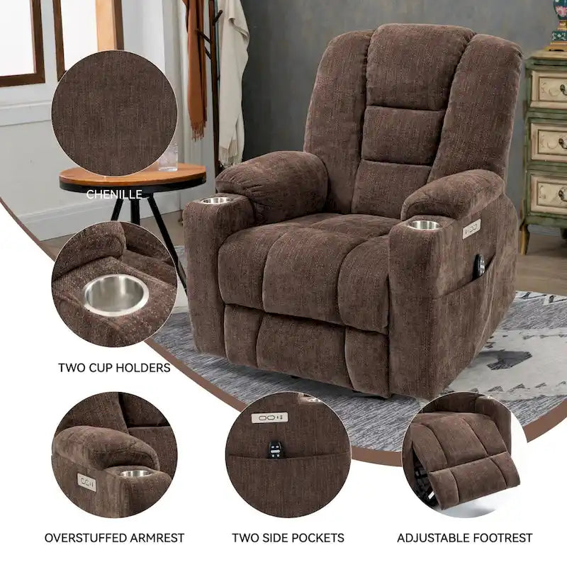 Fauteuil inclinable électrique avec massage et chauffage, fauteuil Lazy Boy extra-rembourré et large avec ports USB et Type C et 2 porte-gobelets en acier