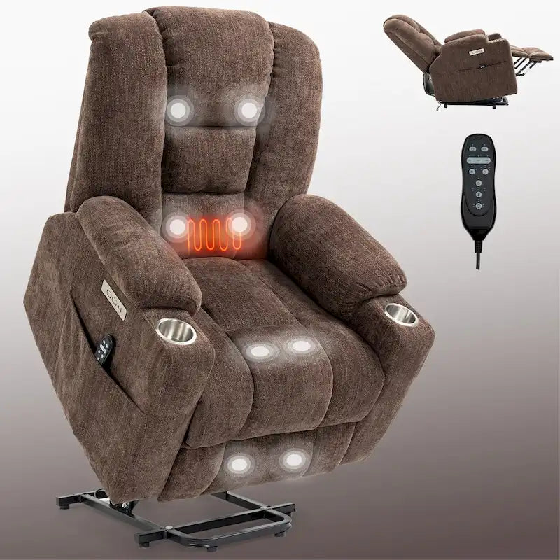 Fauteuil inclinable électrique avec massage et chauffage, fauteuil Lazy Boy extra-rembourré et large avec ports USB et Type C et 2 porte-gobelets en acier