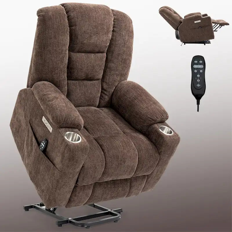 Fauteuil inclinable électrique avec massage et chauffage, fauteuil Lazy Boy extra-rembourré et large avec ports USB et Type C et 2 porte-gobelets en acier
