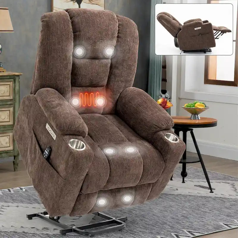 Fauteuil inclinable électrique avec massage et chauffage, fauteuil Lazy Boy extra-rembourré et large avec ports USB et Type C et 2 porte-gobelets en acier